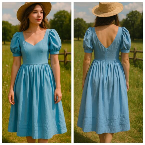Vintage Dresses & Skirts - Vintage Laura Ashley Blue Cotton Puff Sleeve Dress Britain Size UK 14 / US 12